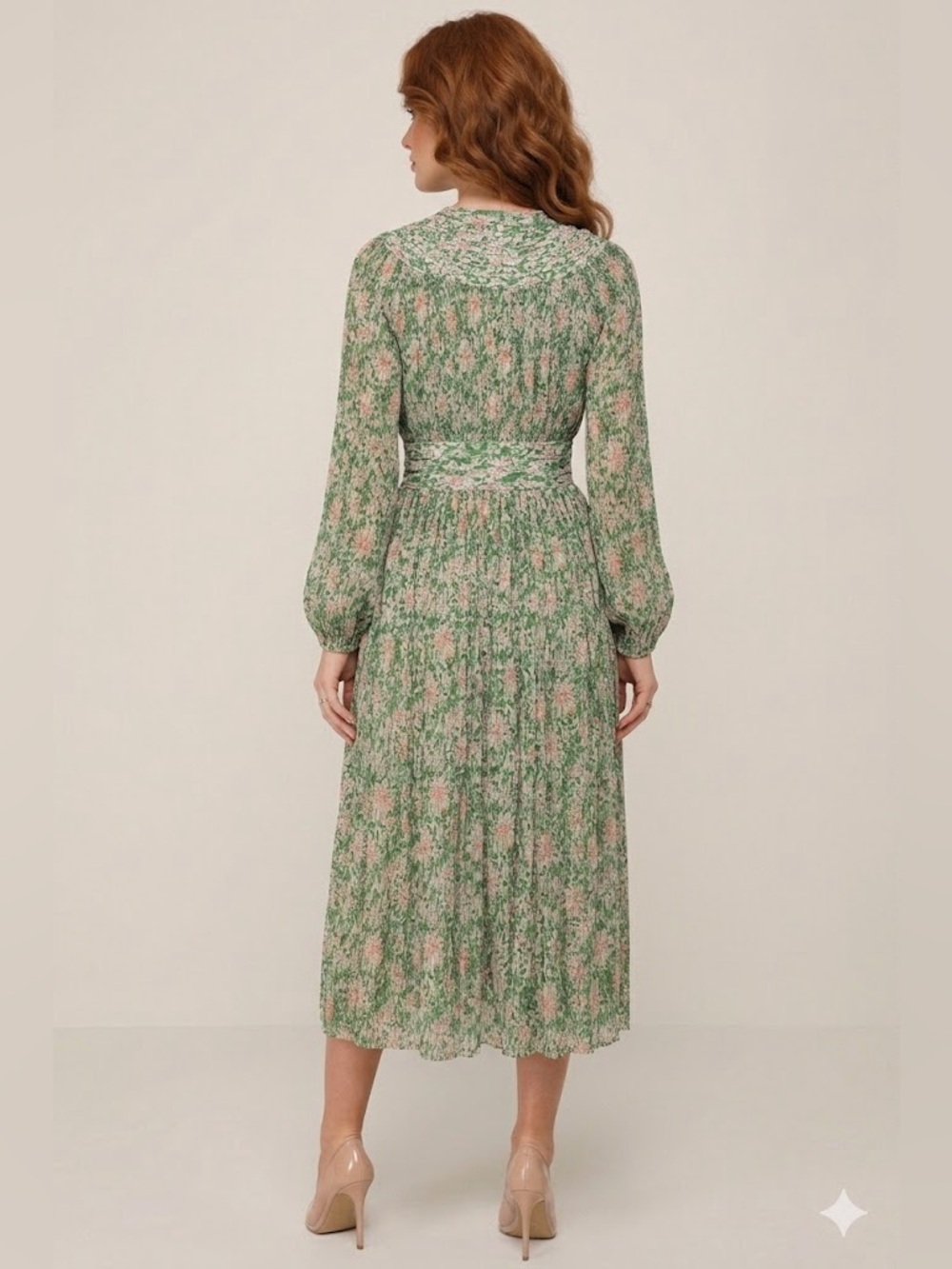 Green Floral V-neck Long Puff Sleeve Pintucked Midi Dress Pleated Wedding Garden - Picture 3 of 11